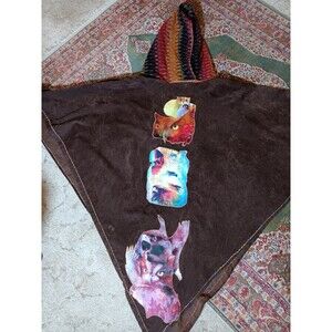 Vintage Hand Made Artisan Native American Theme Brown Faux Suede Poncho